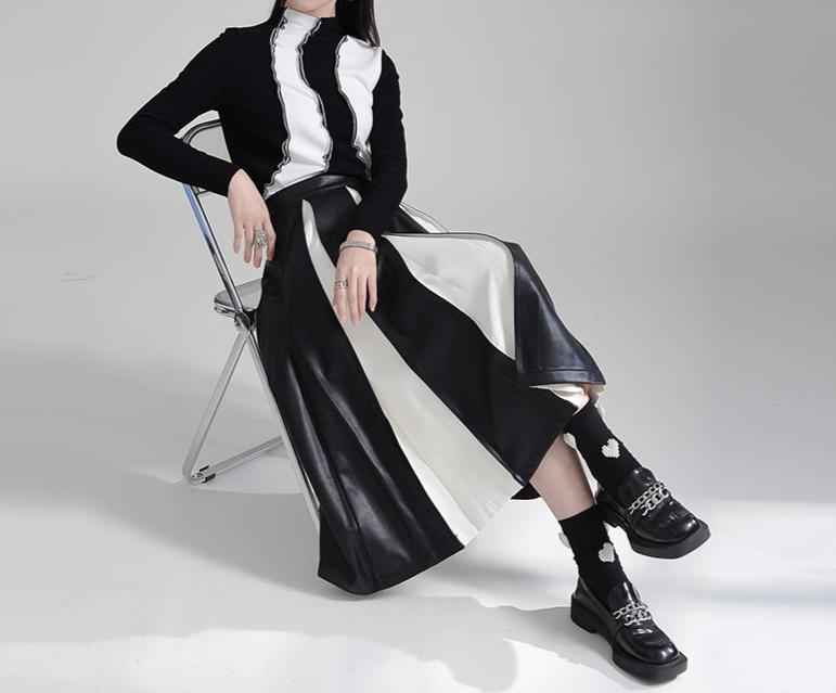 Women's PU Leather Black and White Patchwork Pleated Fitted Waist Ankle Length A-Line Skirt