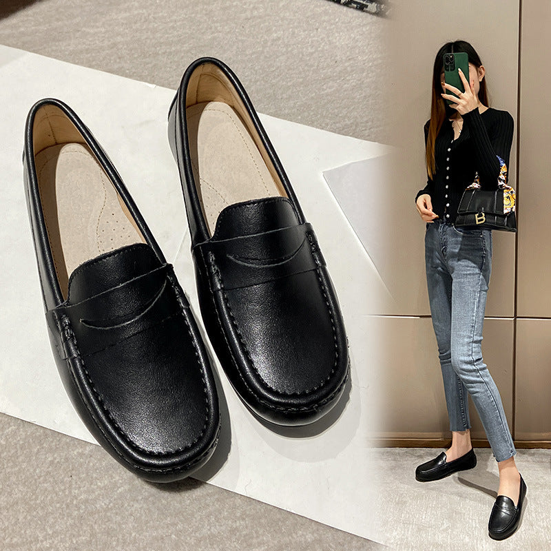 Women's Leather Loafer Style Flat Shoes Slip On Round Toe Footwear