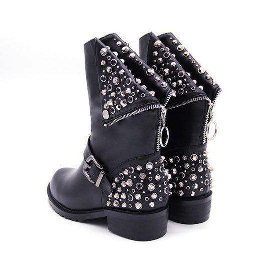 Women's Faux Leather Stud Rivet Detail Punk Calf Boots