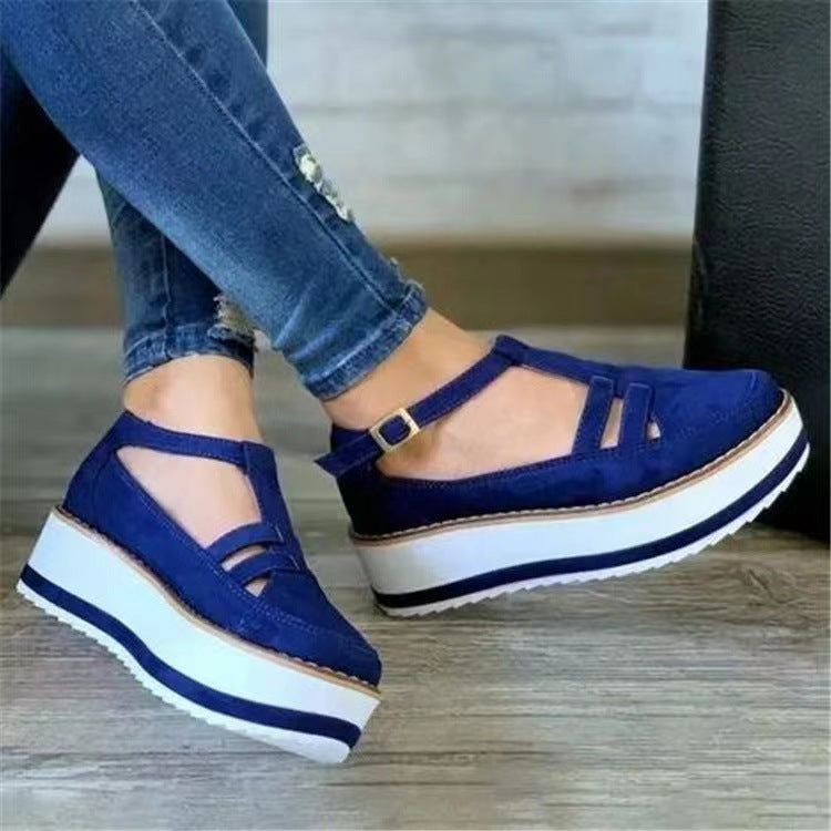 Women's Faux Suede Ankle Strap Thick Sole Low Platform Shoes