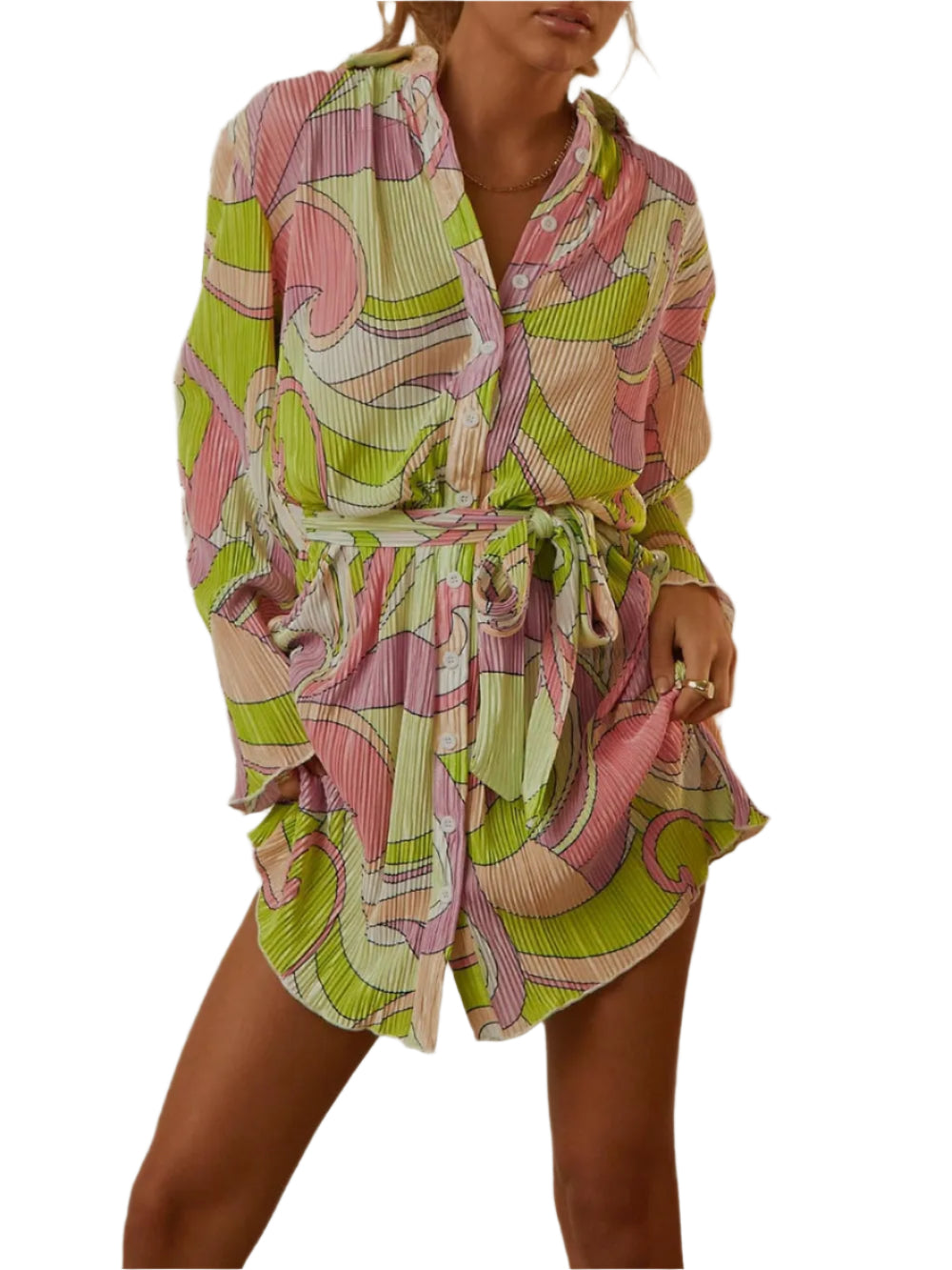 Women's Pleated Tied Waist Loose Fit Short Dress