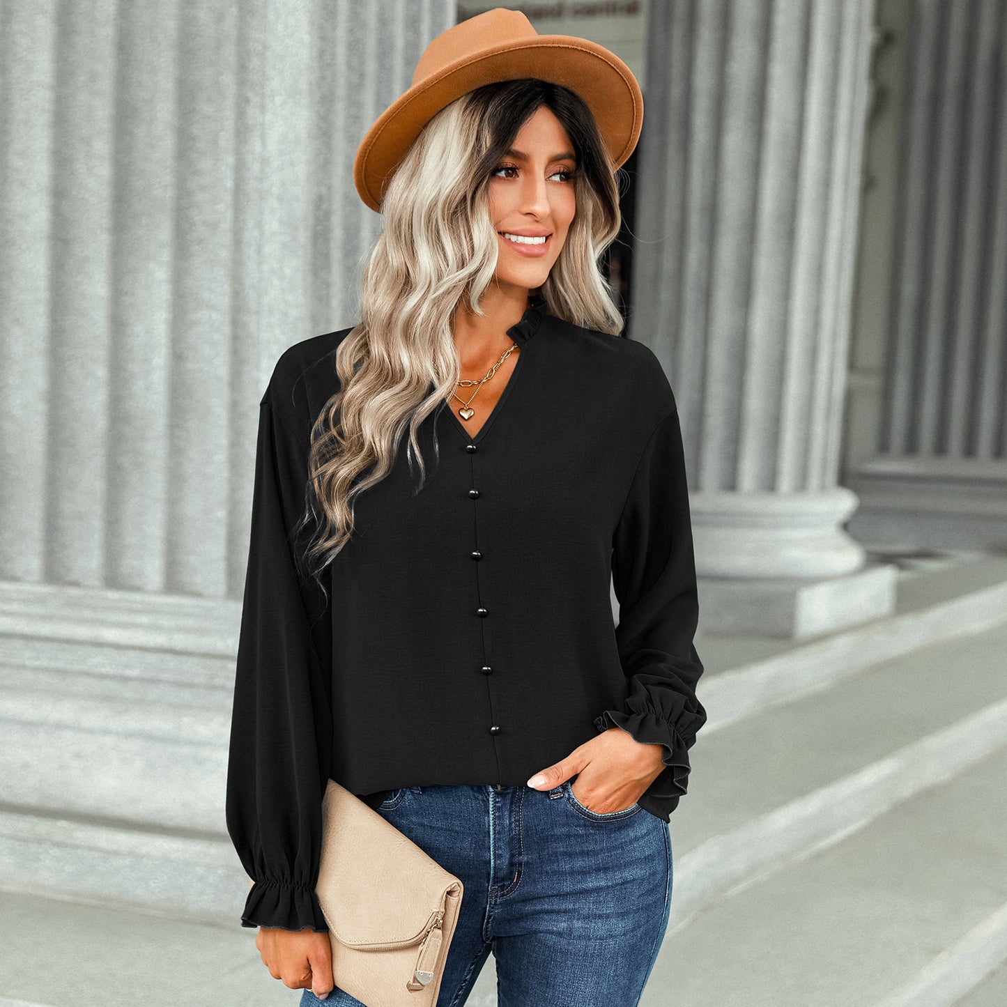 Women's V-Neck Button Detail Frill Collar and Cuffs Blouse