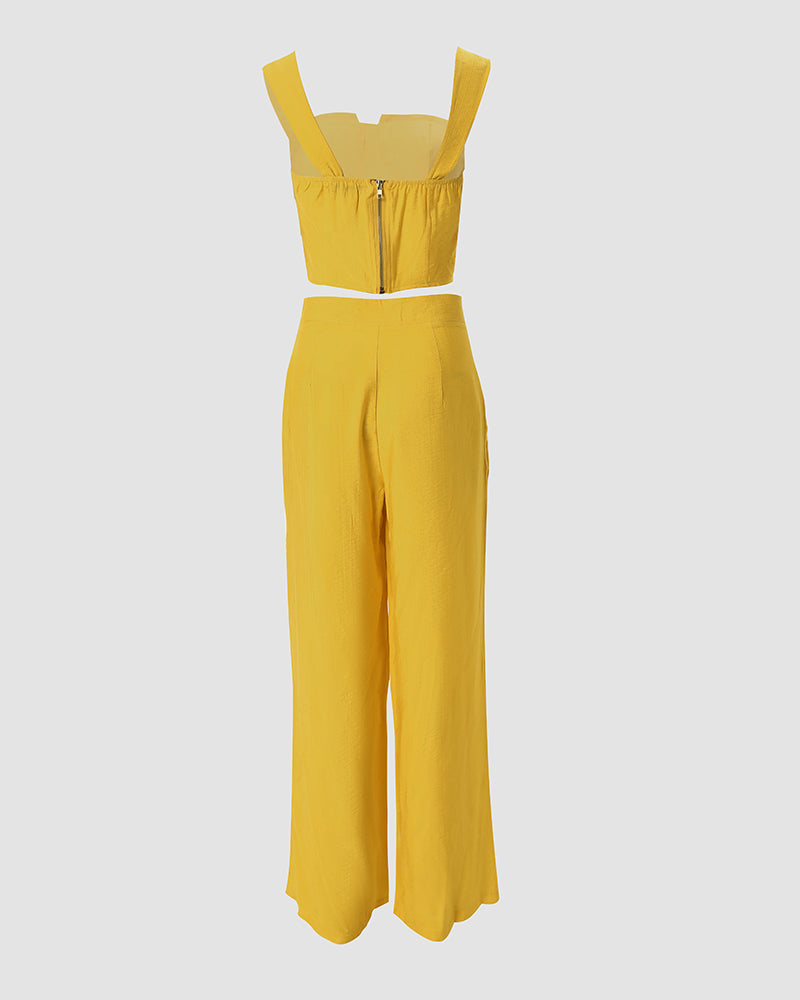 Women's Yellow Top & Trousers Two Piece Set Co-ords Fitted Crop Tank Wide Leg Pockets Bottoms Elegant Fashion