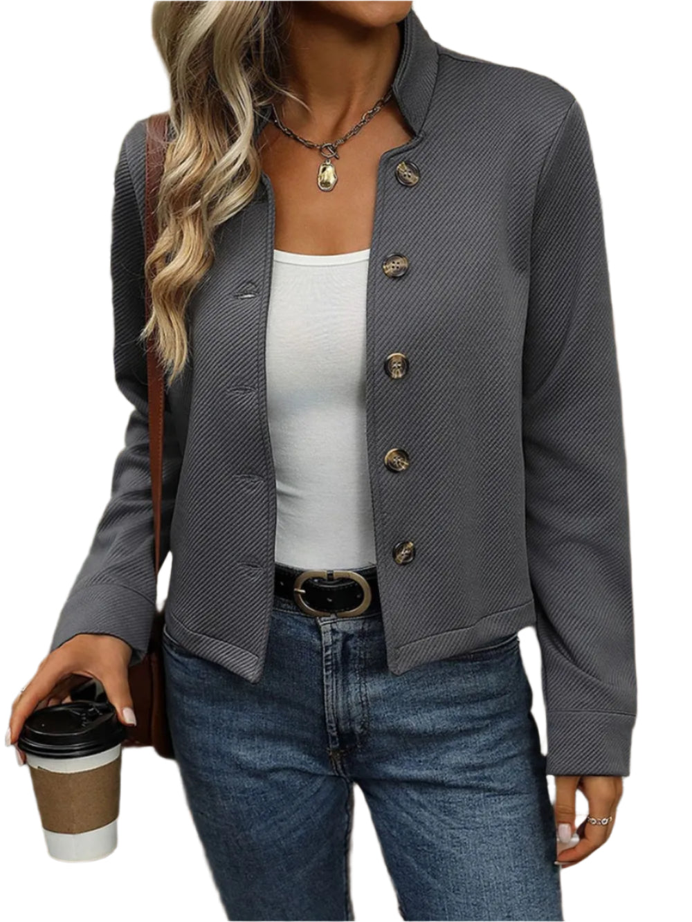 Women's Grey Textured Button Front Short Jacket