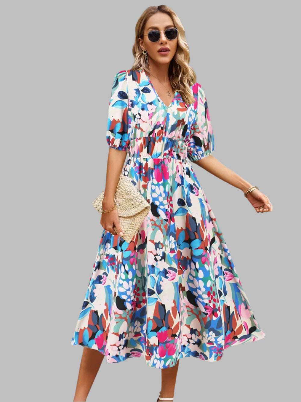 Women's Ruched Floral Print Flare Midi Dress