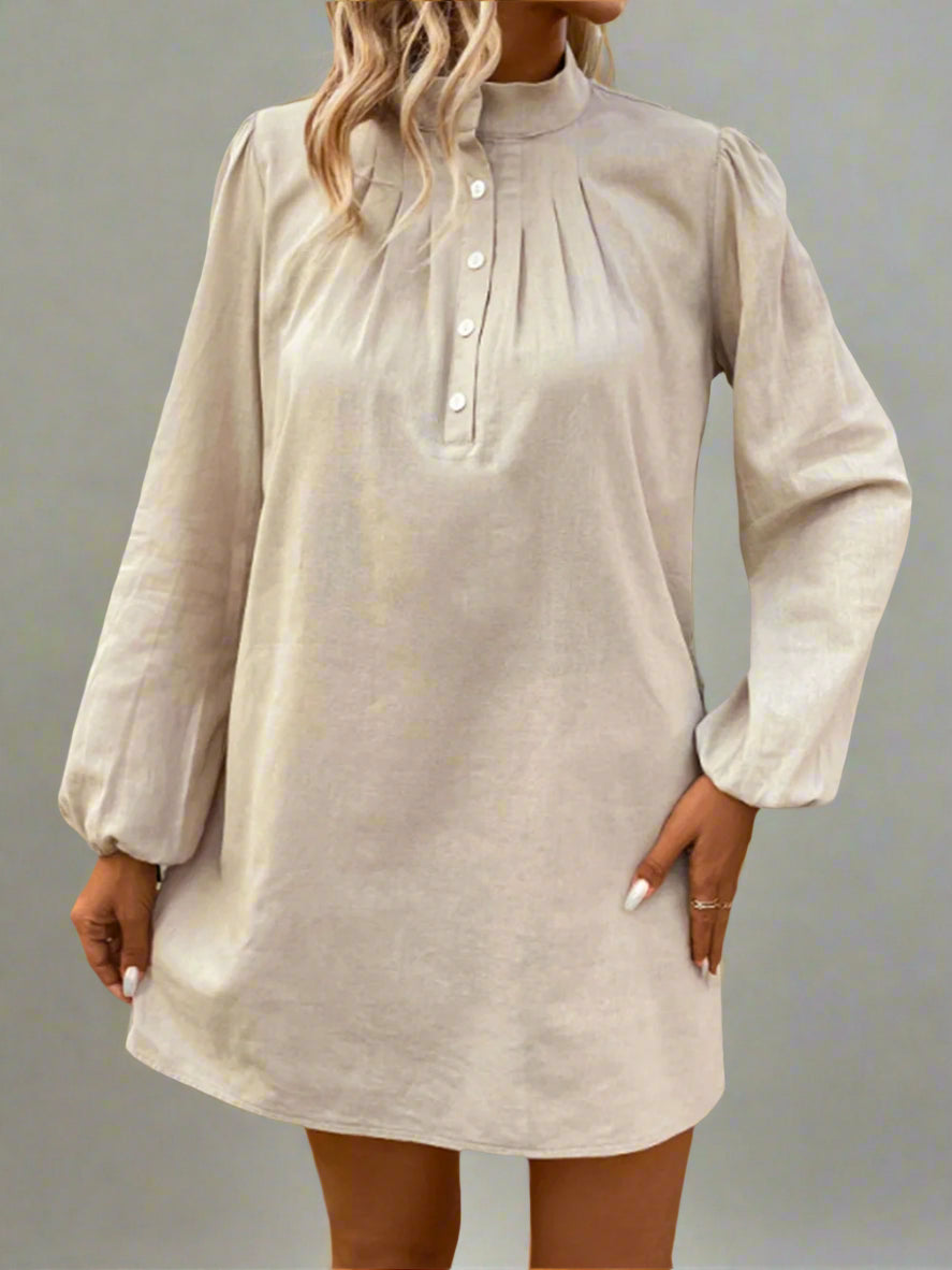 Women's Half Button Stand Up Collar Long Sleeve Loose Mini Shirt Dress
