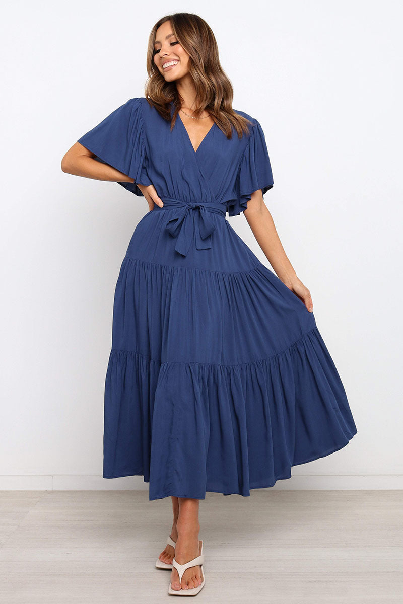 Women's Bohemian Solid Colour V-neck Tie Belt Waist Batwing Short Sleeve Dress