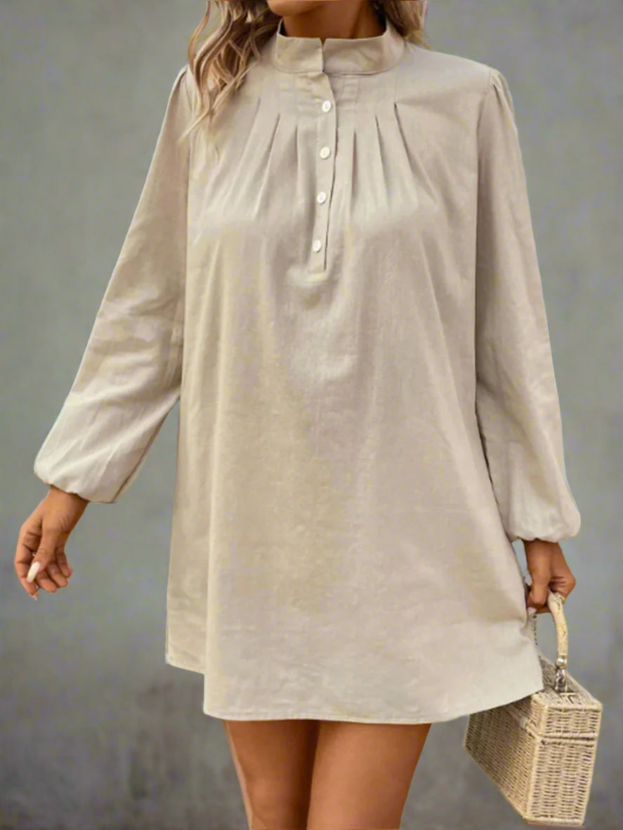 Women's Half Button Stand Up Collar Long Sleeve Loose Mini Shirt Dress