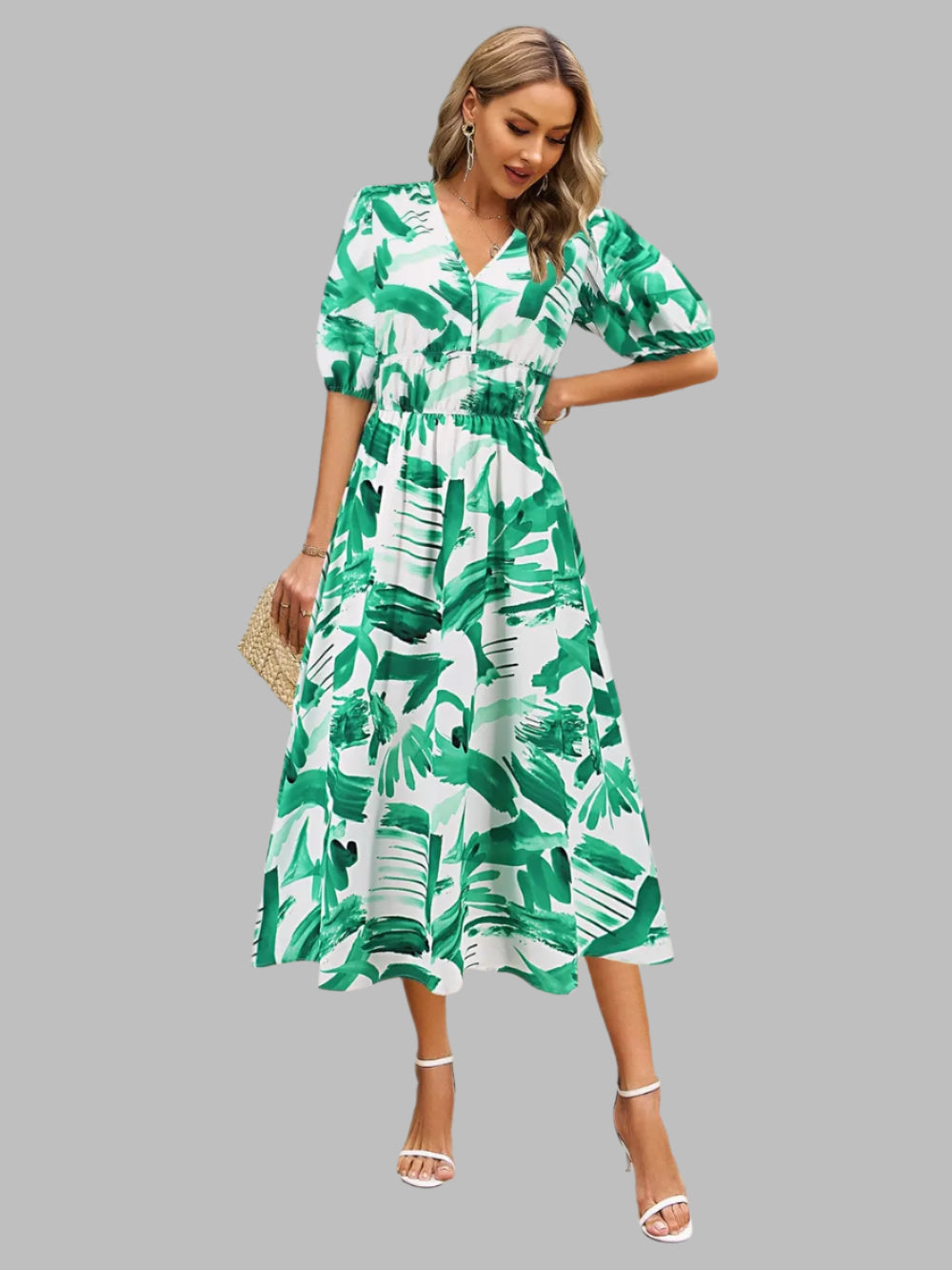 Women's Ruched Floral Print Flare Midi Dress