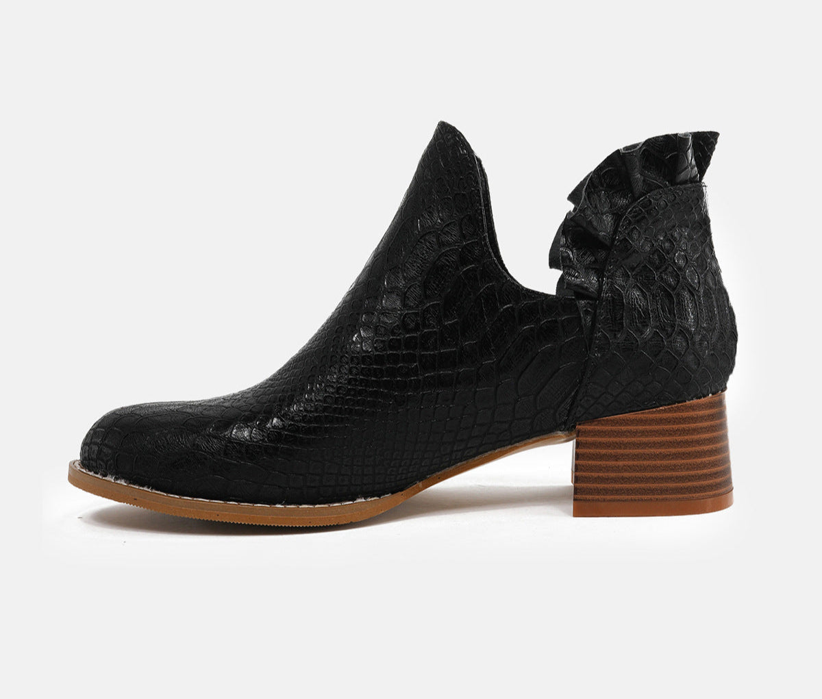 Women's Snakeskin Ankle Boots Round Toe Heavy Low Heel Pull-On Shoes Footwear Fashion