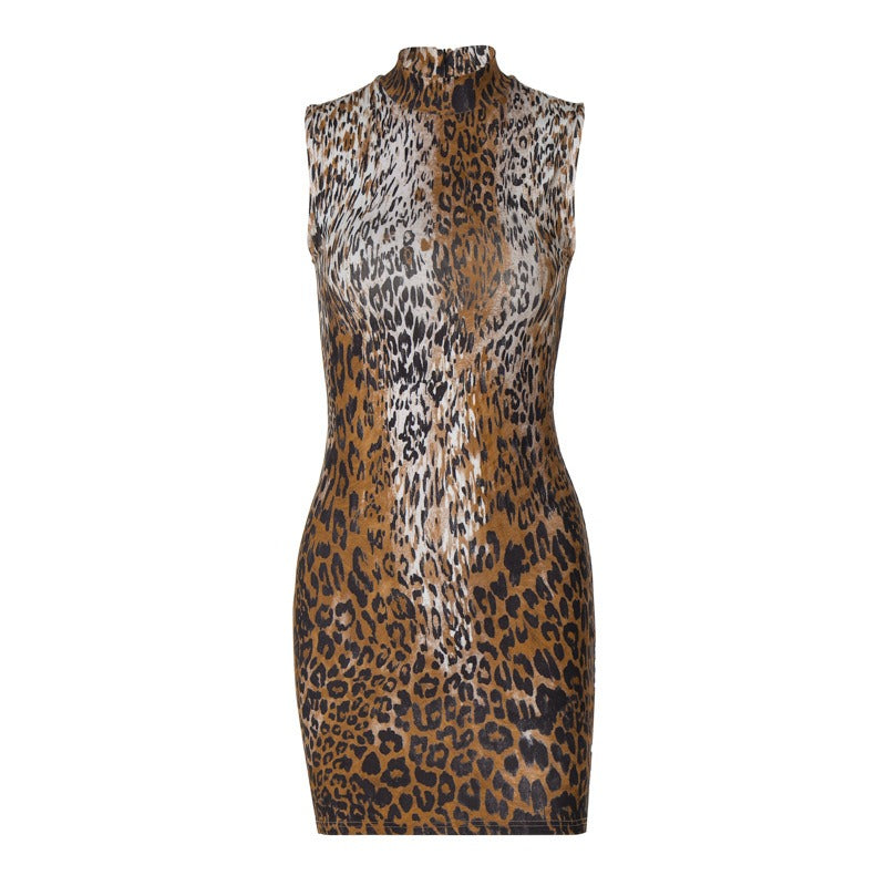 Women's Leopard Animal Print Sleeveless Back Zipper Bodycon Mini Dress