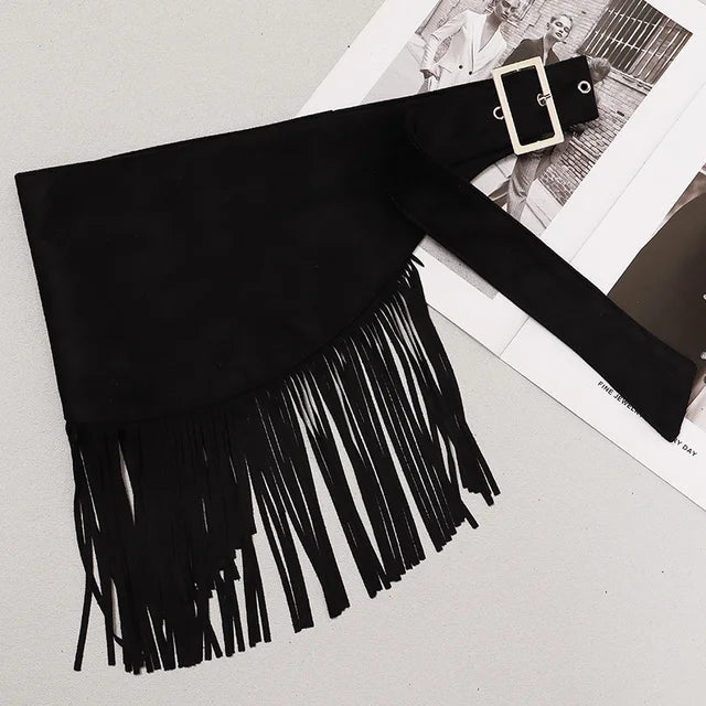Women's Velvet Bohemian Wide Waistband Buckle Belt With Tassels