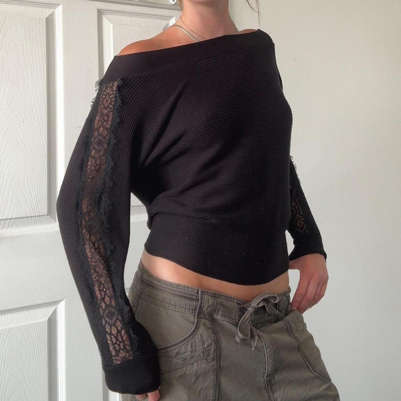 Women's Black Off Shoulder Lace Sleeve Knit Jumper