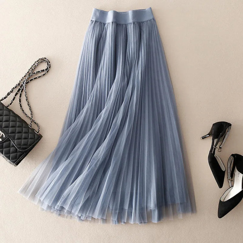 Women's Bohemian Style Mesh Pleated Midi Skirt