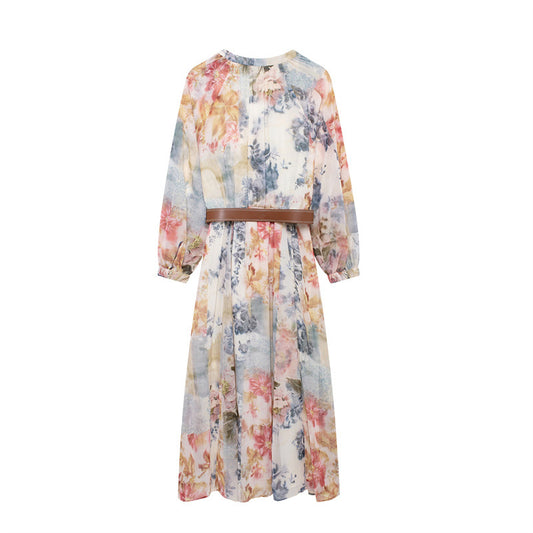 Women's Retro Floral Print V-neck Long Sleeve Fitted Waist Dress