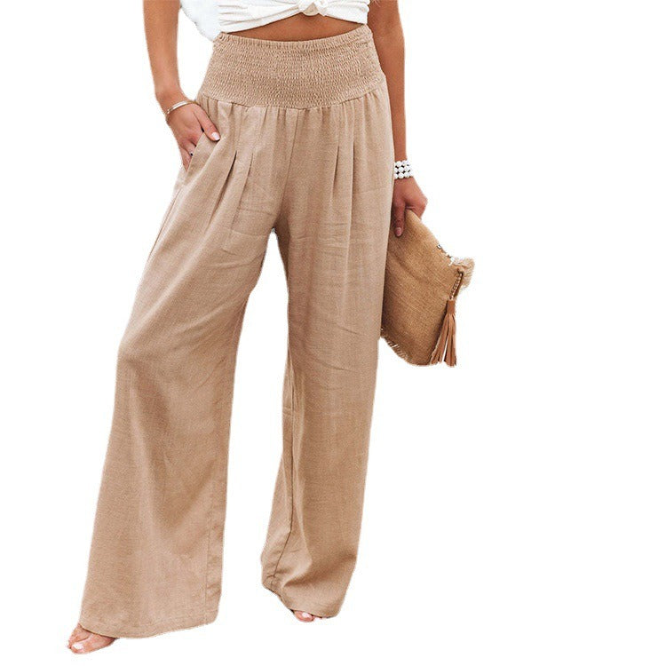 Women's Bohemian Linen Loose Wide Leg Elastic Waist with Pockets Trousers