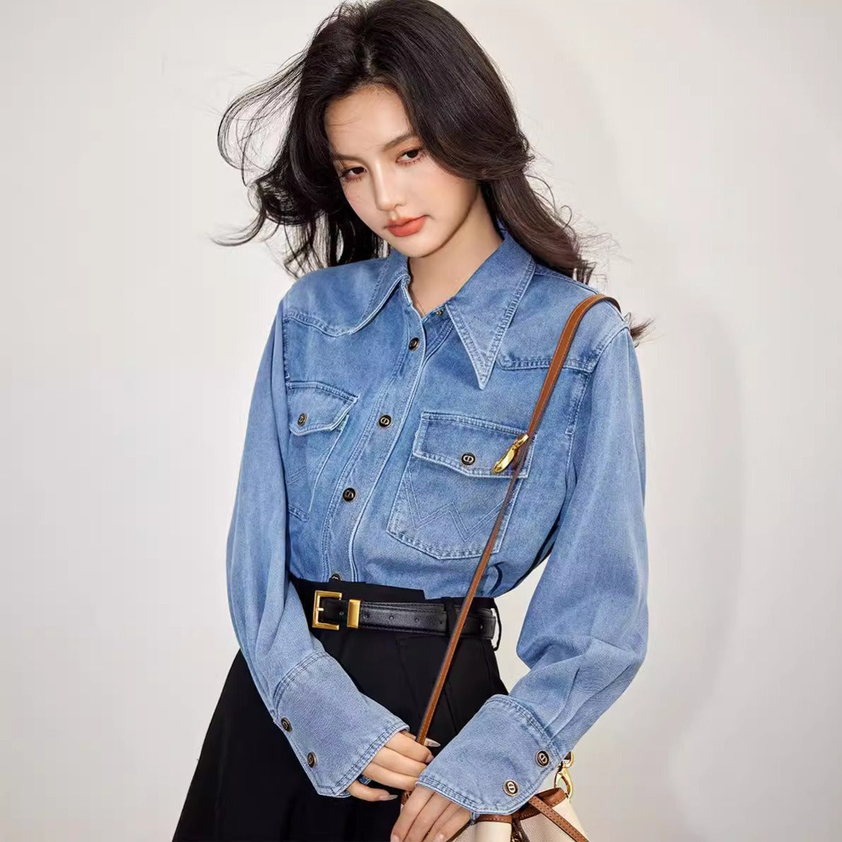 Women's Retro Denim Shirt Button Front Pockets Cowboy Style Blouse