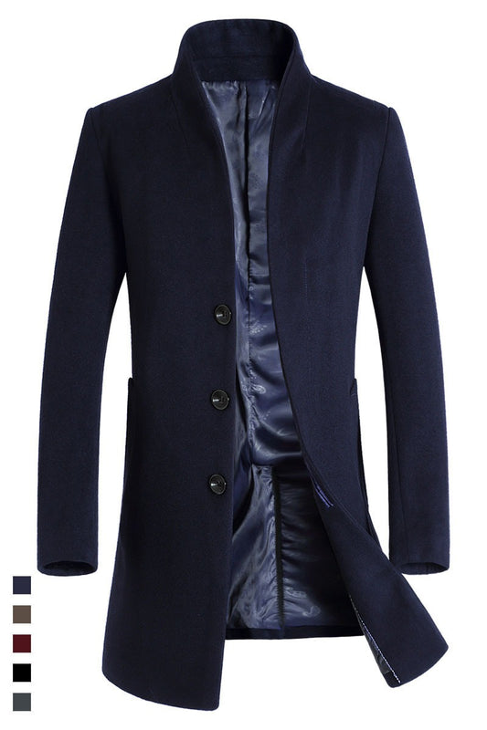 Men's Wool Long Smart Coat Straight Collar Button Front Winterwear