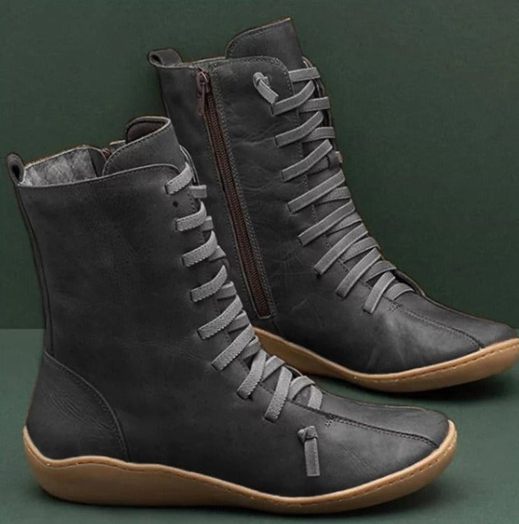 Women's Faux Leather Lace Up Ankle Boots Side Zipper Flat Heel Winter Footwear