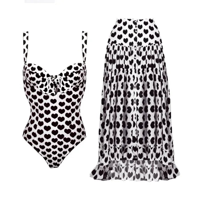 Women's Love Heart Print Swimsuit With Matching Skirt