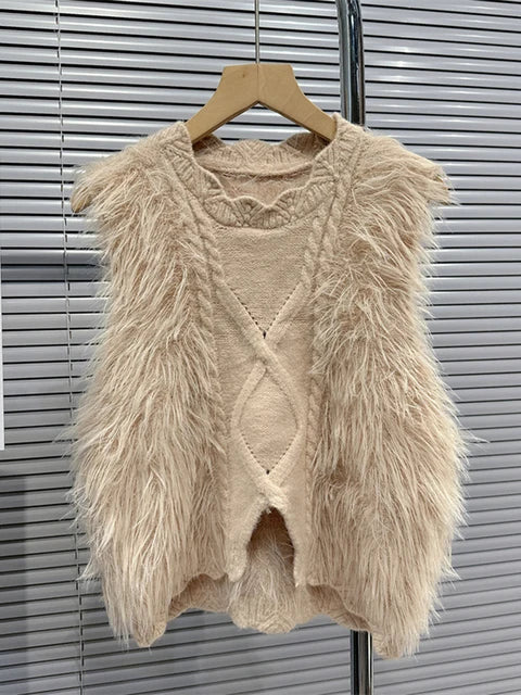 Women's Knitted Faux Fur Sweater Vest Elastic Round Neck Cotton Pullover Tank Top