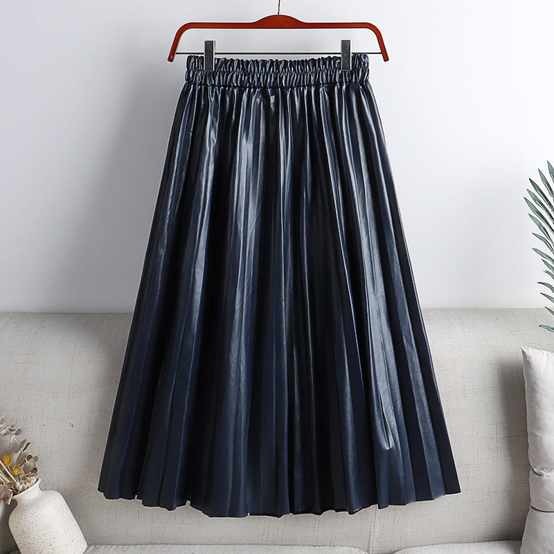 Women's PU Leather Pleated Midi Skirt
