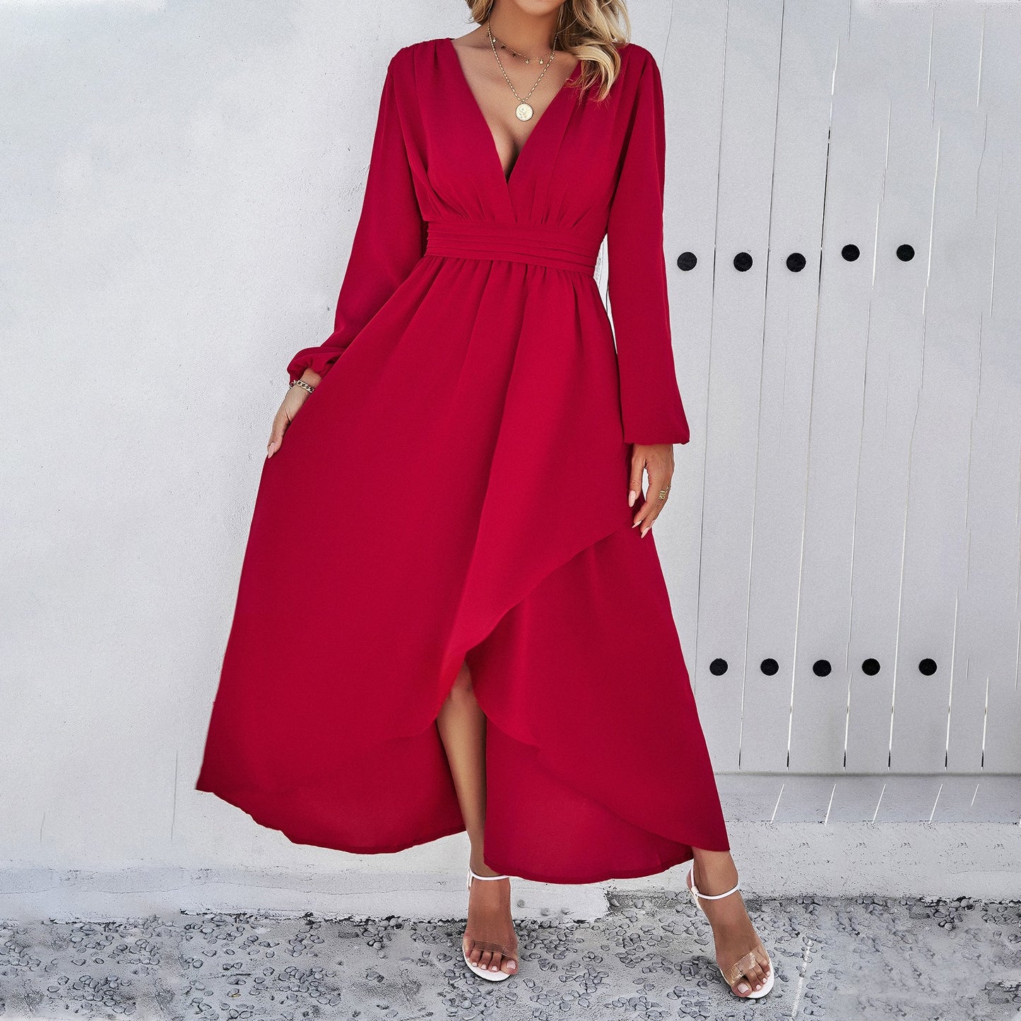 Women's Solid Colour Dress Fitted Waist Long Sleeve V-Neck Flared Maxi Elegant Fashion