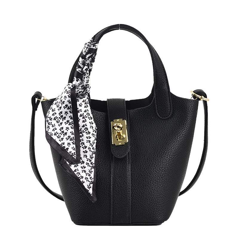 Women's Shoulder Handbag Lock Buckle Silk Scarf New Lychee Pattern Small Fresh Messenger Bucket Bag PU Leather