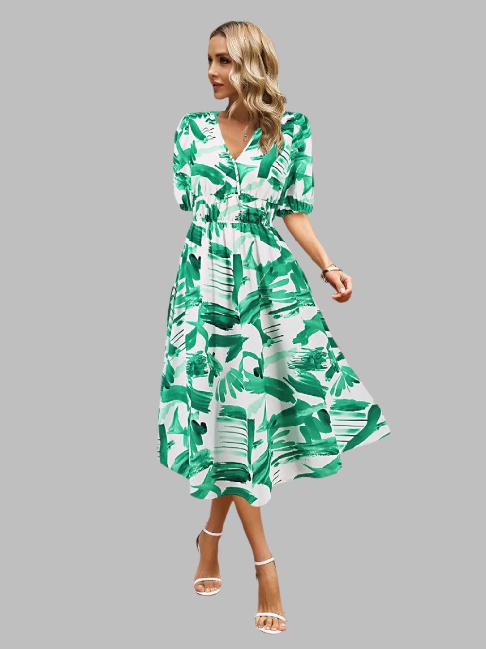 Women's Ruched Floral Print Flare Midi Dress