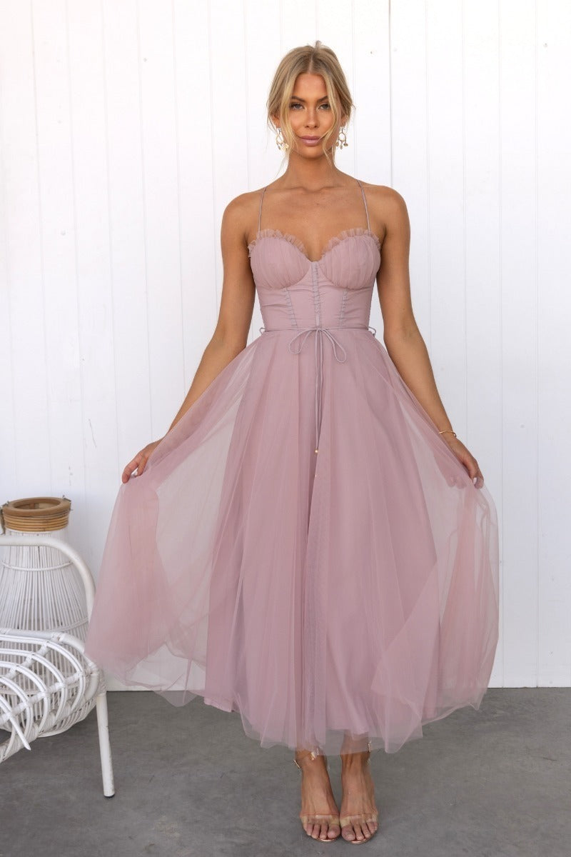 Women's Mesh Corset Style Strappy Sweetheart Front Long Dress