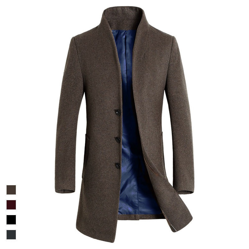 Men's Wool Long Smart Coat Straight Collar Button Front Winterwear