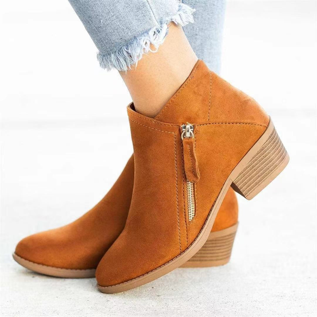 Women's Suede Ankle Boots Short Thick Heel Side Zipper