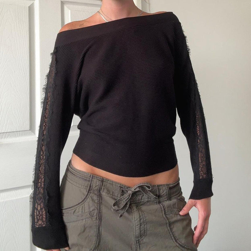 Women's Black Off Shoulder Lace Sleeve Knit Jumper