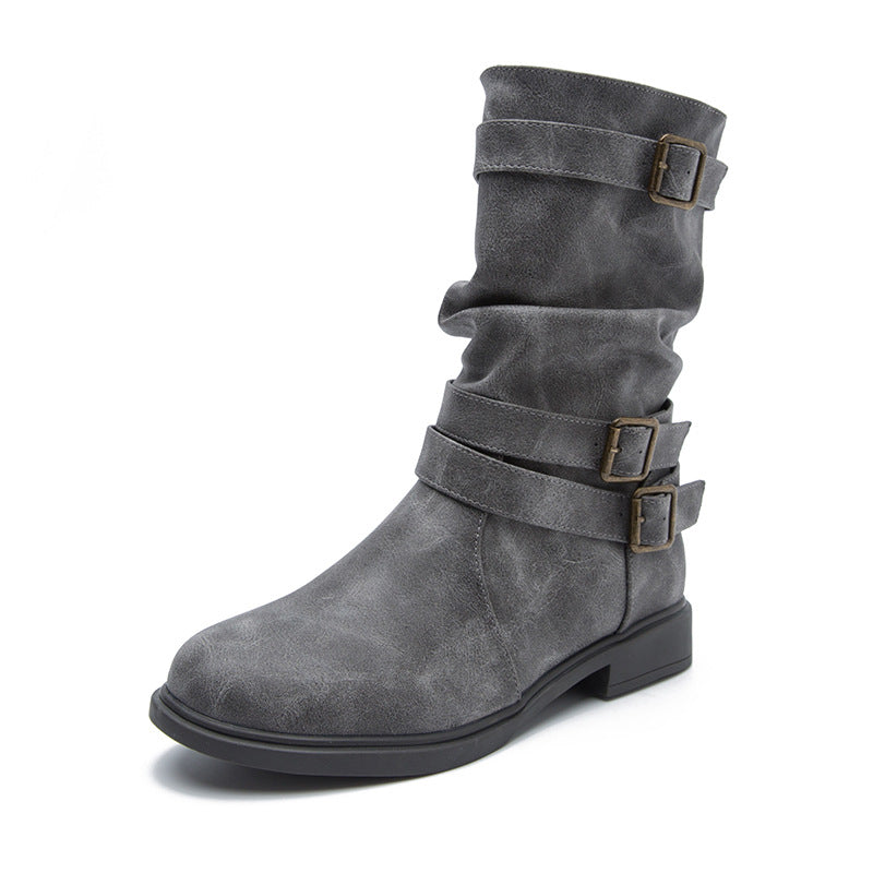 Women's Calf Boots Round Head Flat Heel Motorcycle Boots