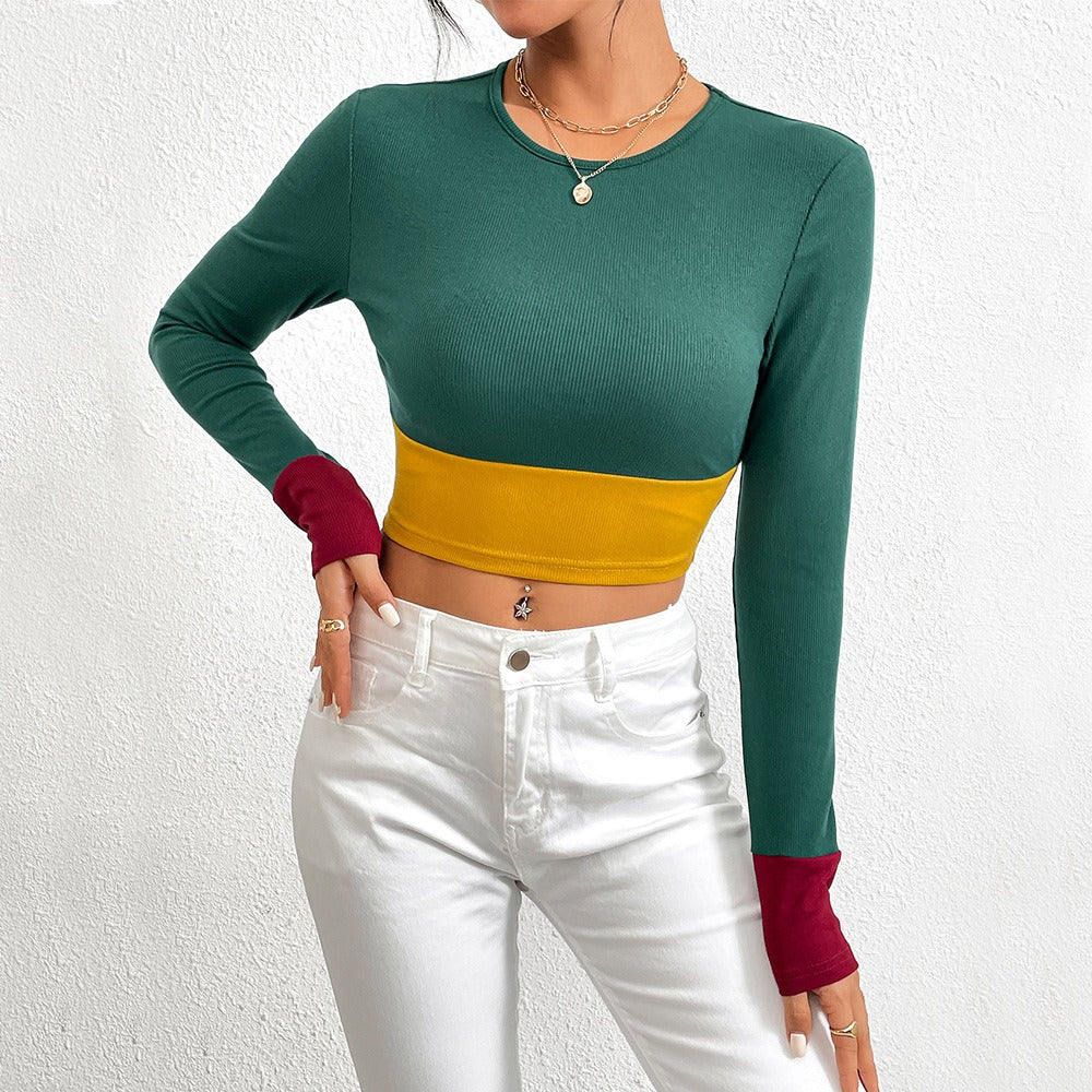 Women's Block Contrast Colour Crop Top Long Sleeve Round Neck T-Shirt