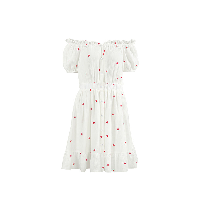 Women's Love Heart Print Off Shoulder Button Front Short Dress