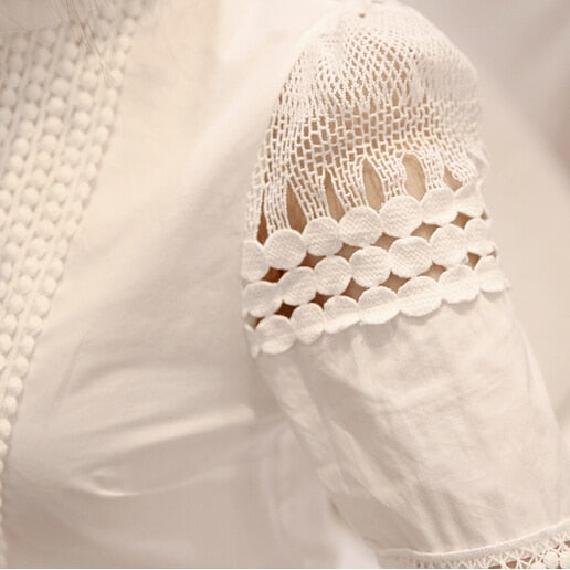 Women's Textured Cut Out Blouse Long Sleeve White Shirt Lace Hook Size S-5XL