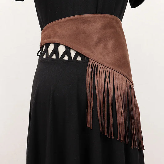 Women's Velvet Bohemian Wide Waistband Buckle Belt With Tassels