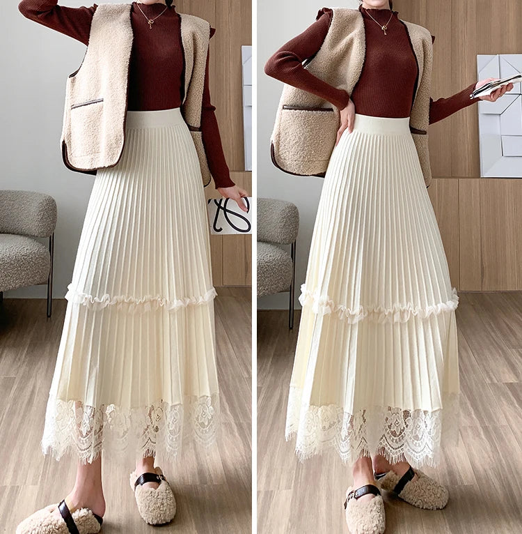 Women's Pleated Lace Edge A Line Midi Length Flare Skirt