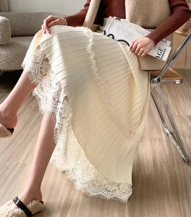 Women's Pleated Lace Edge A Line Midi Length Flare Skirt