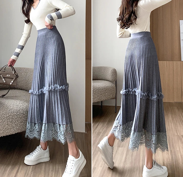 Women's Pleated Lace Edge A Line Midi Length Flare Skirt