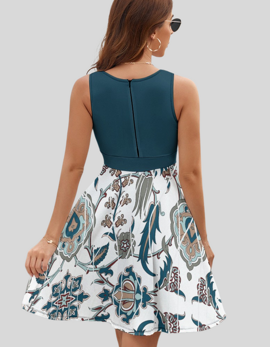 Women's Floral Print Teal V-Neck Sleeveless Flare Dress