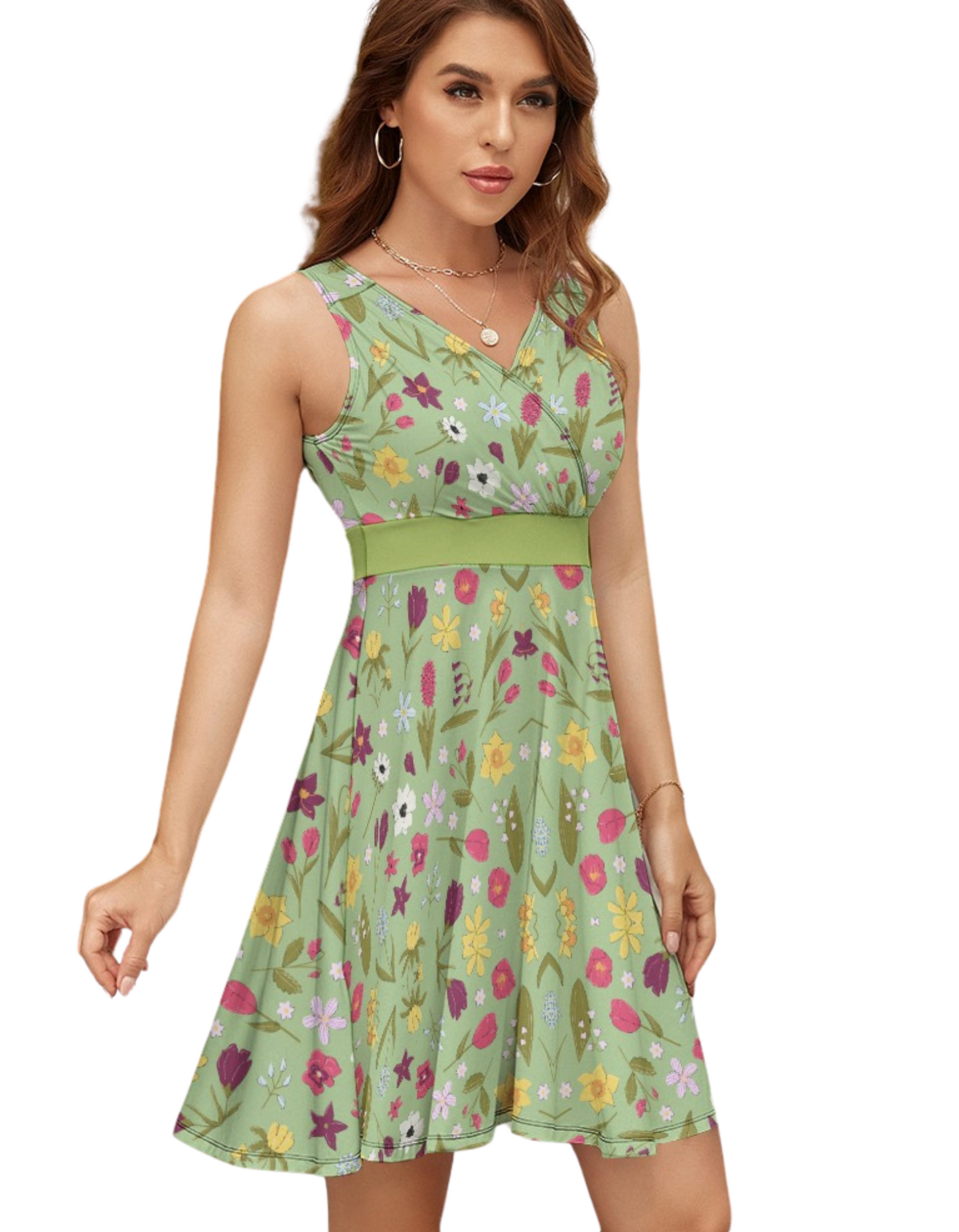 Women's Green Floral Sleeveless V-Neck Fitted Skater Flare Dress