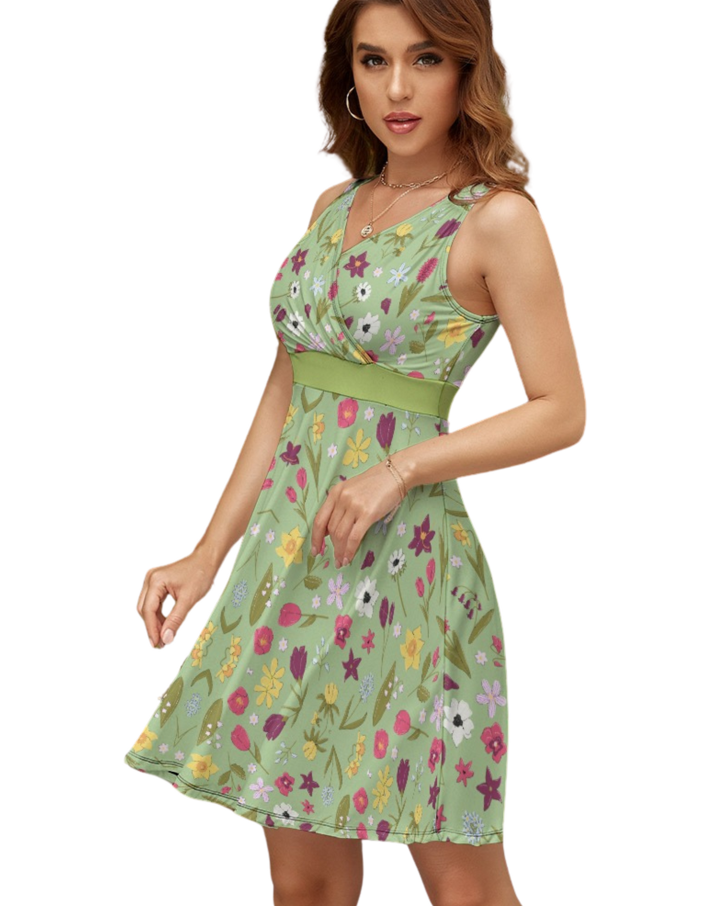 Women's Green Floral Sleeveless V-Neck Fitted Skater Flare Dress