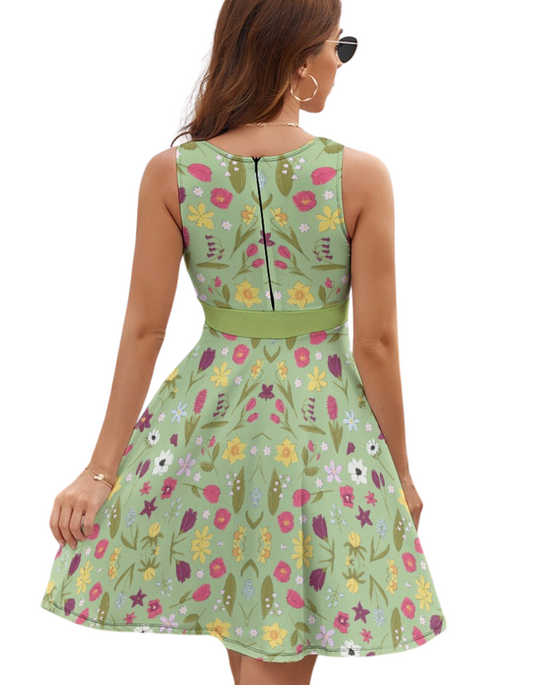 Women's Green Floral Sleeveless V-Neck Fitted Skater Flare Dress
