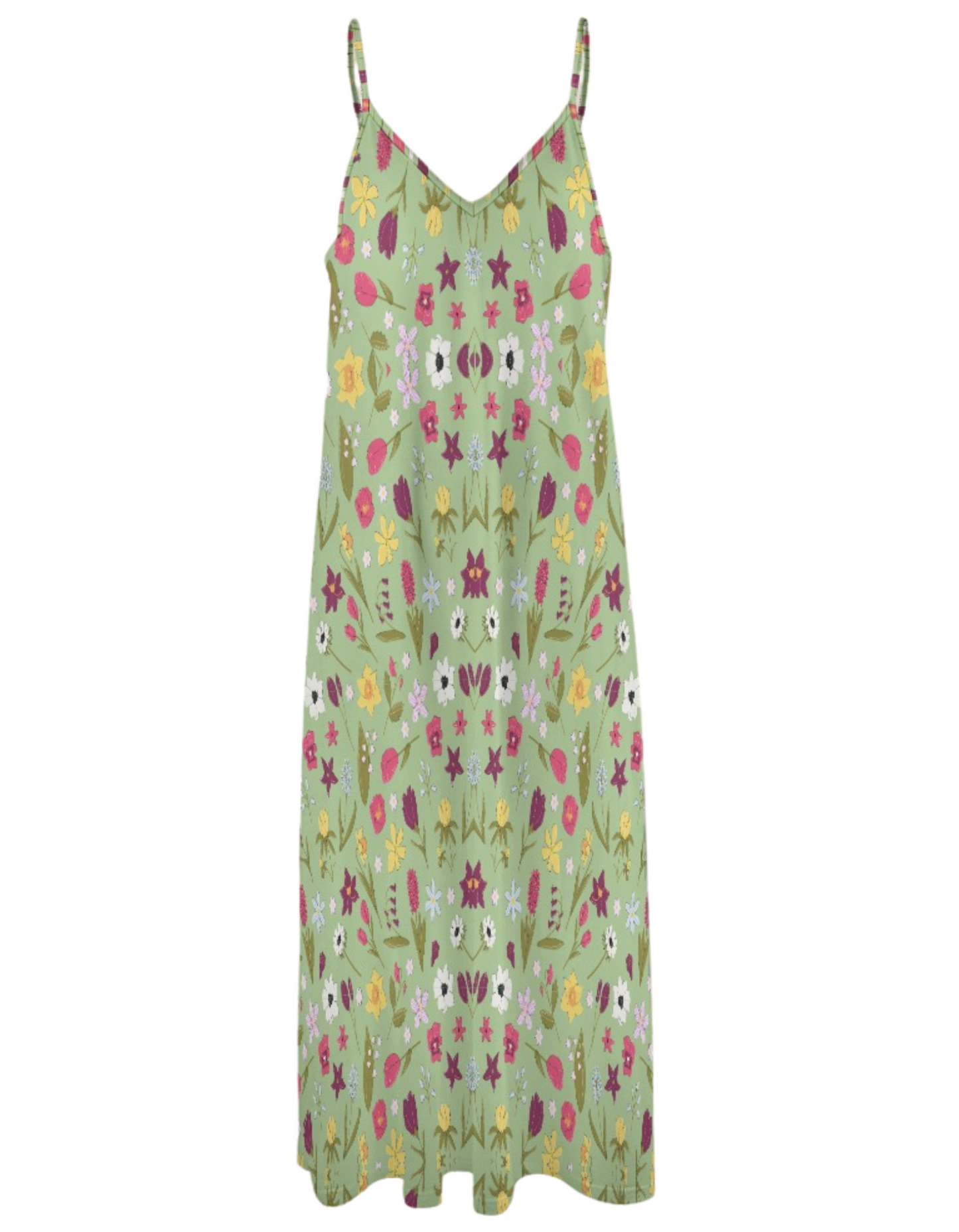 Women's Plus Size Green Floral Print Cami Spaghetti Strap Long Maxi Dress Green
