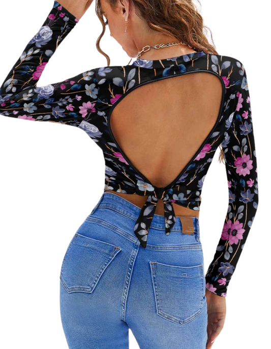 Women's Floral Print Backless Long Sleeve Short Top