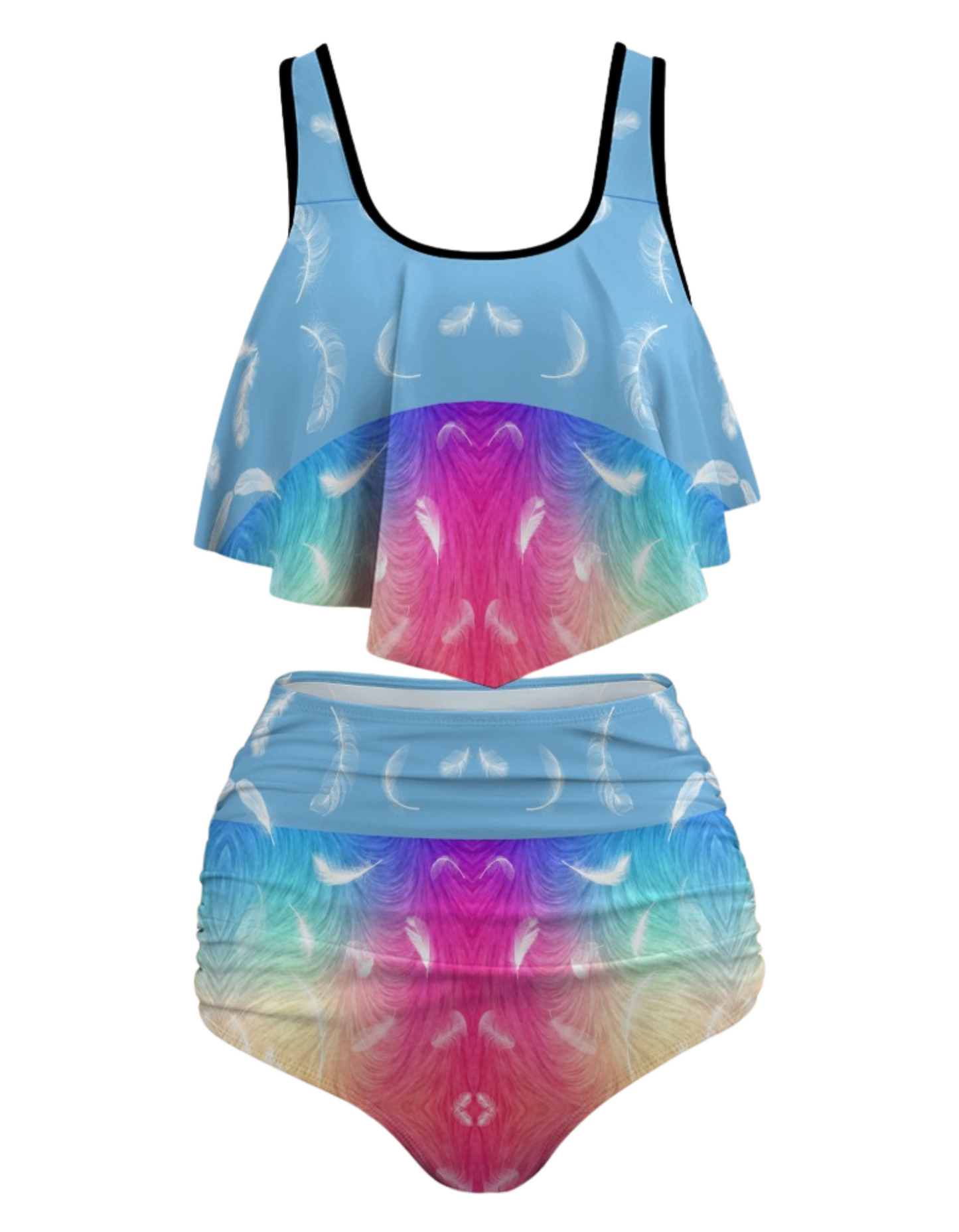 TABOO TIDE Plus Size Women's Feather Rainbow Print Two Piece Bikini