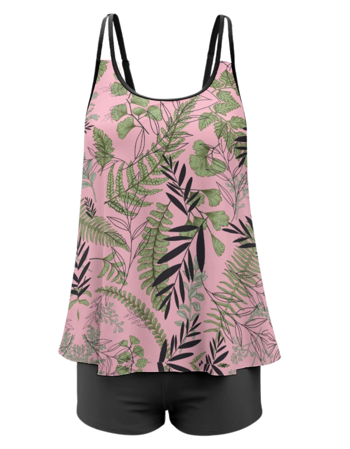 TABOO TIDE Plus Size Women's Fern Leaf Print Long Top And Shorts Two Piece Swimwear