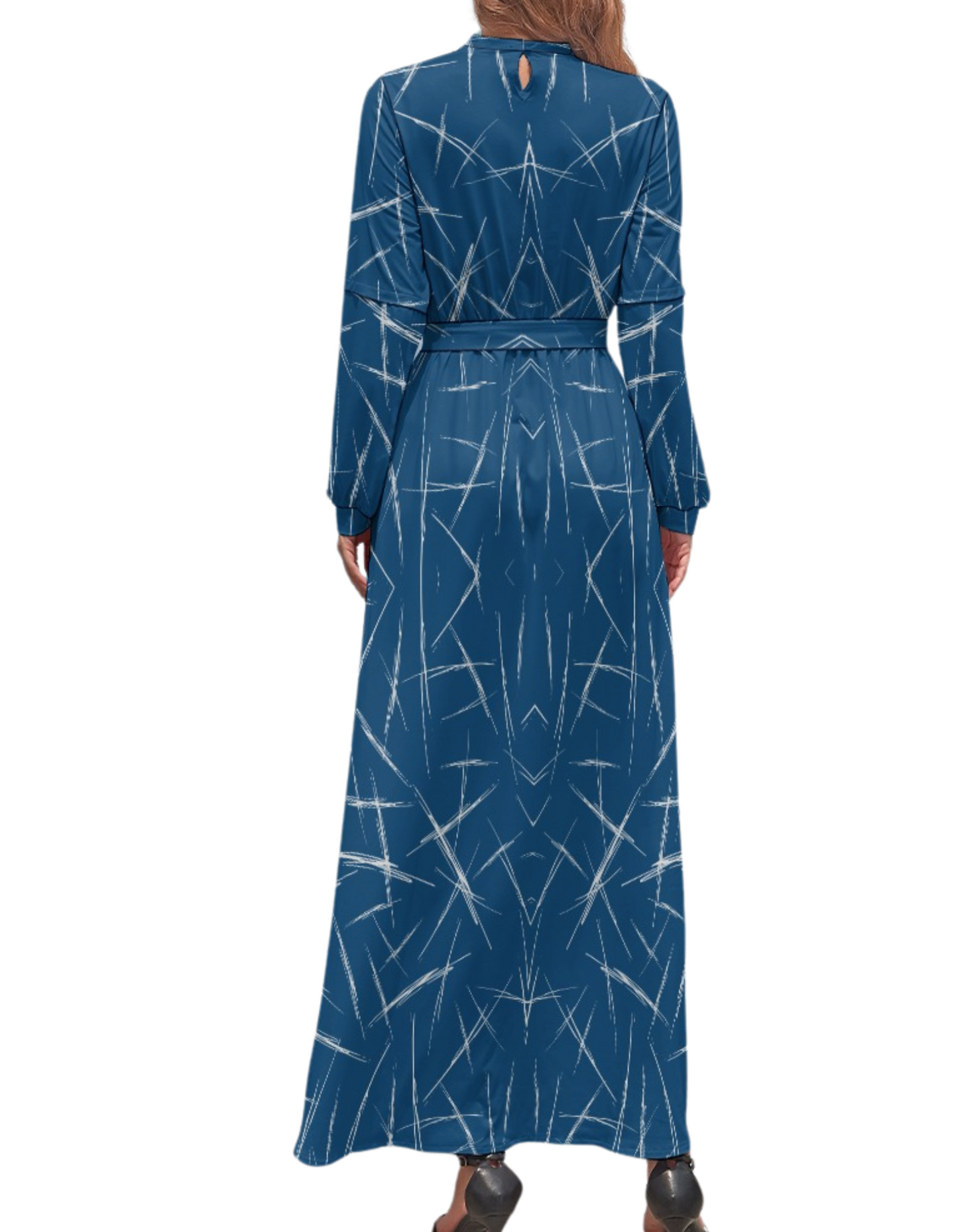 Women's Blue Long Sleeve Tie Belt Waist Maxi Dress